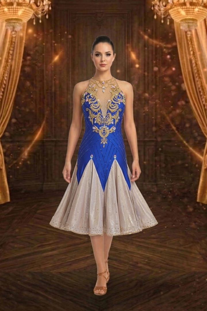 Royal Aurum Dress royal blue and gold Latin dress full front view with ornate crystal embellishments
