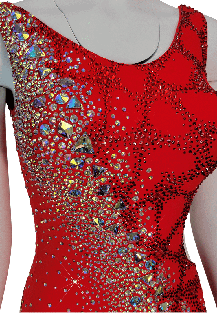 Nala Latin Dress — bodice detail — close-up of the red dress showing dense silver and iridescent crystals with larger teal accents