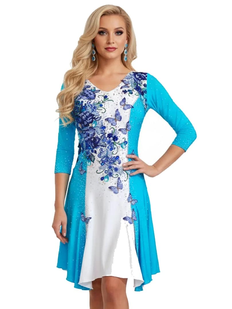 Azure Grace in blue and white ballroom dress with 3/4 sleeves and butterfly floral embroidery.
