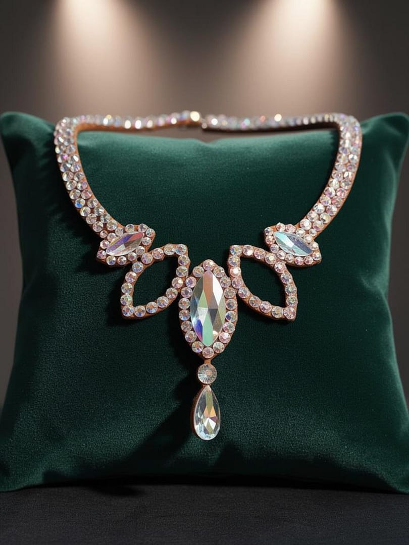 Elegant crystal statement necklace displayed for ballroom competition jewelry presentation.