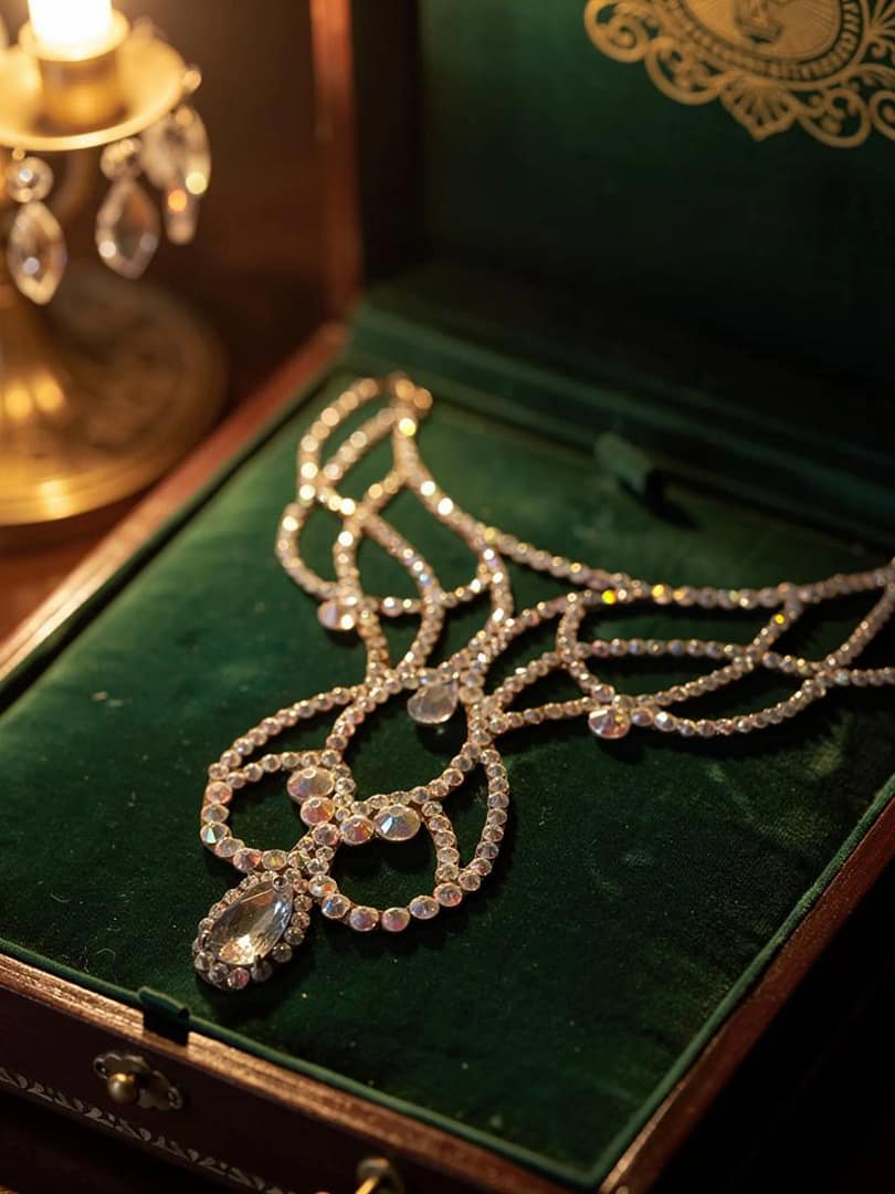 : Handmade crystal ballroom necklace displayed in a luxury green jewelry box