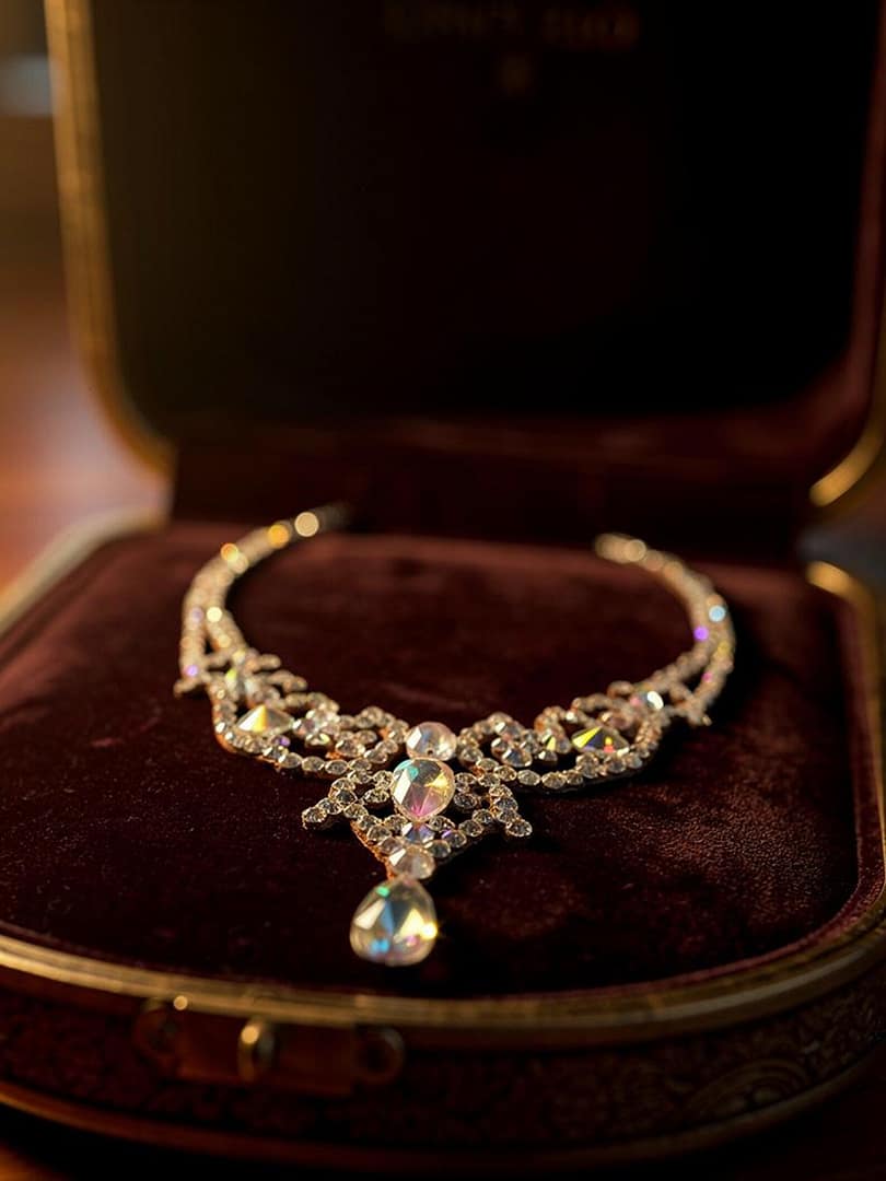 Crystal ballroom necklace presented in a gift box, ideal for competition dancers and special occasions.