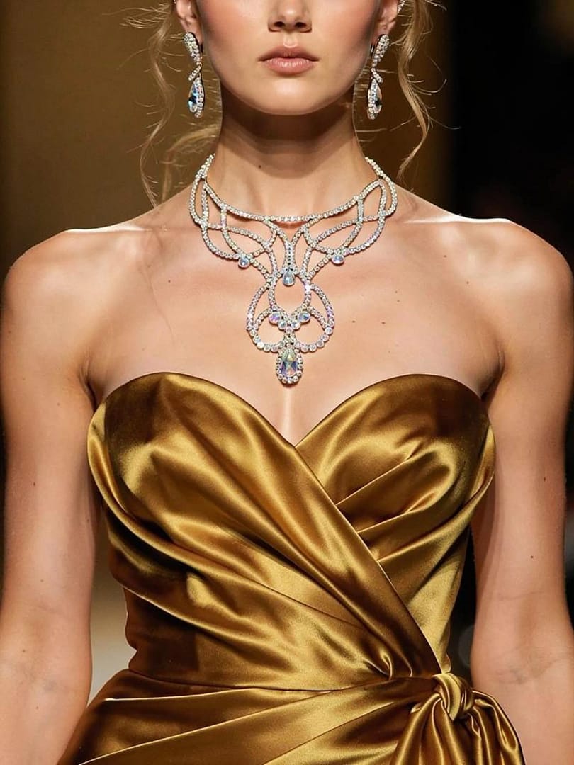 Crystal ballroom necklace worn with gold evening gown for stage and competition