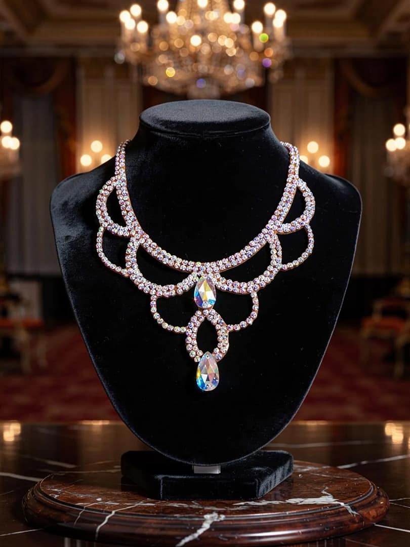 Crystal ballroom necklace displayed on a black jewelry bust under warm ballroom lighting