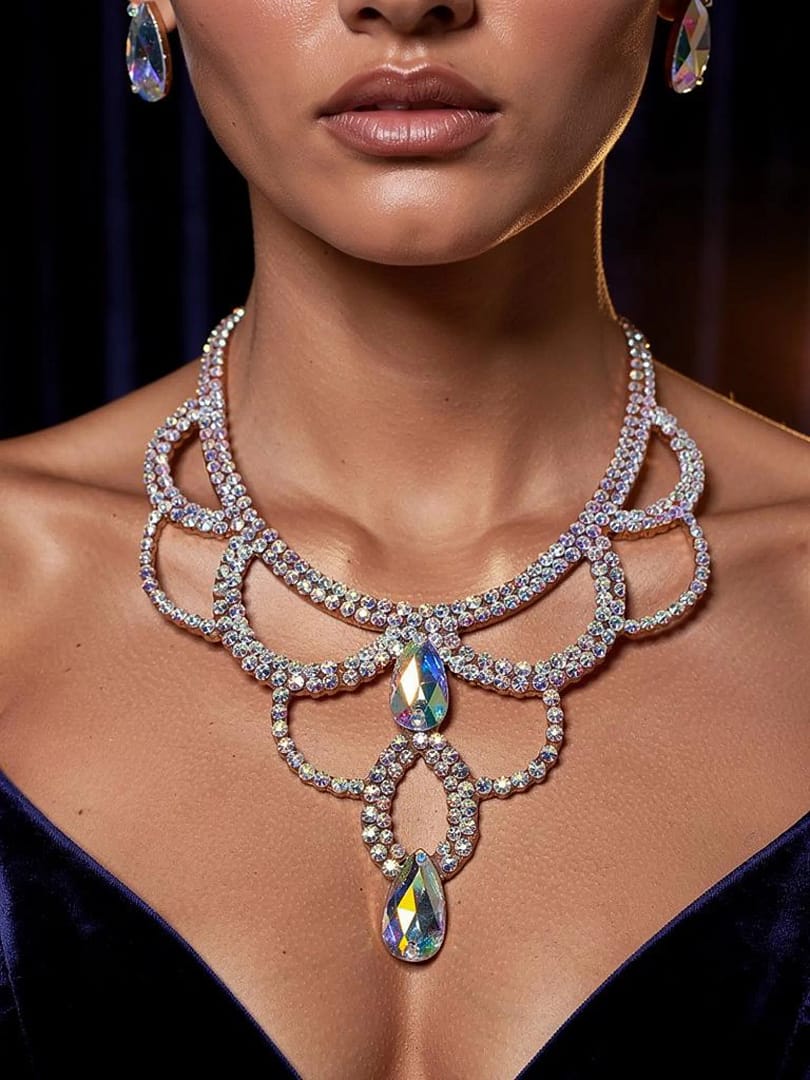 Crystal ballroom necklace worn by a model, highlighting neckline fit and drop stones