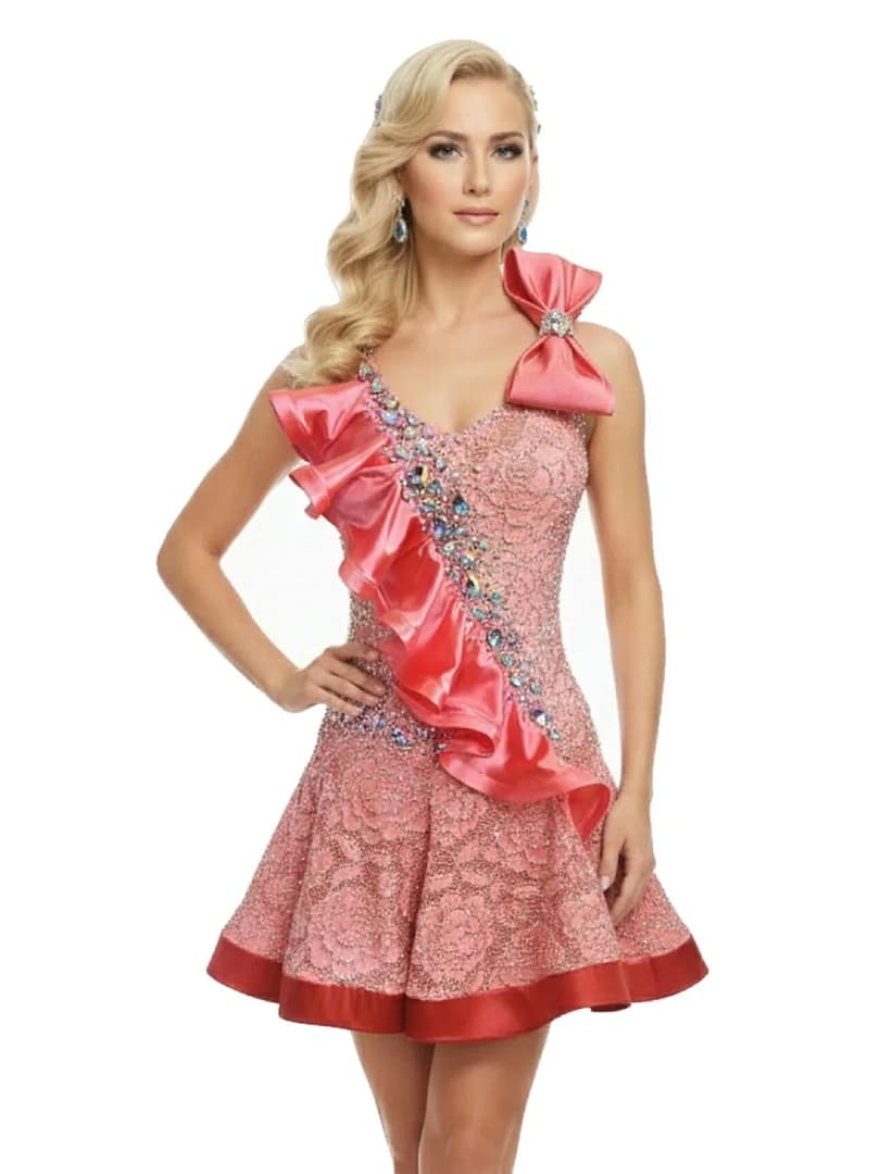 Rose Reverie front close up view Latin dress with blush pink lace, crystal bodice, and satin ruffle detail