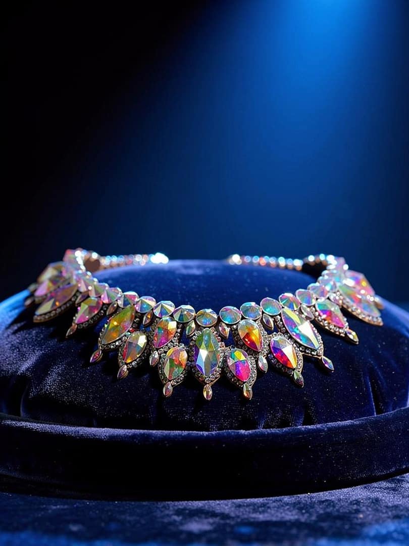 Large crystal ballroom necklace displayed for professional dance jewelry presentation.