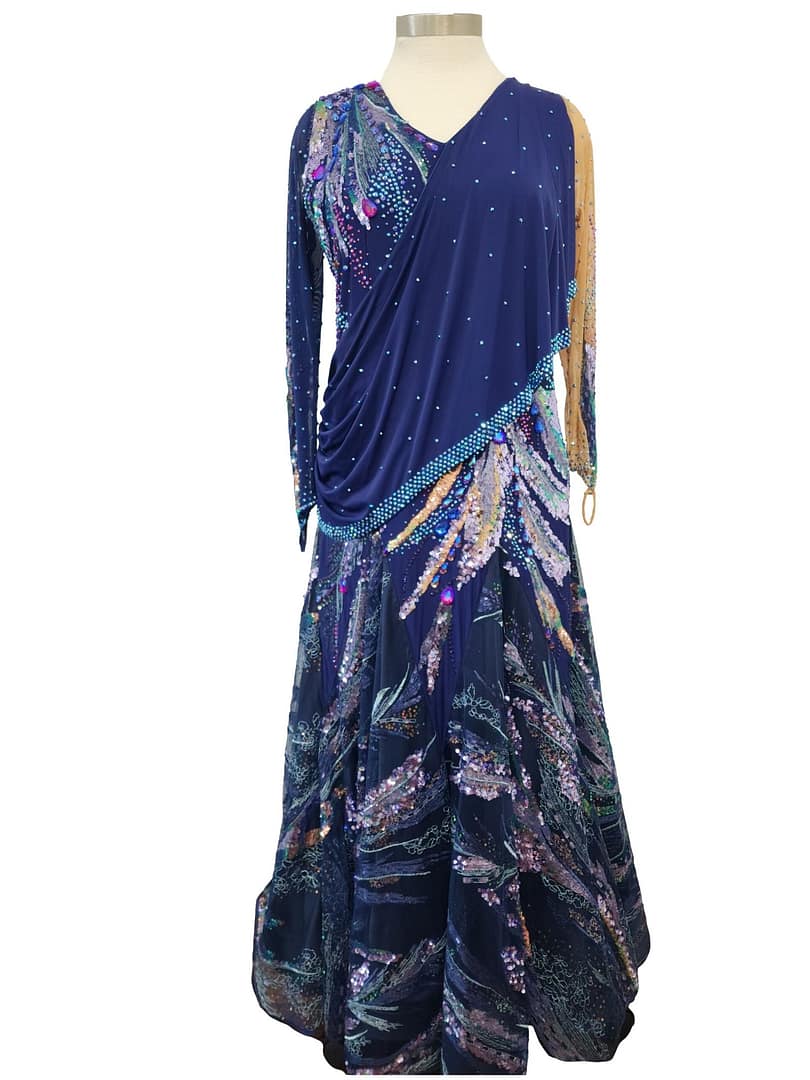 Royal Horizon navy ballroom gown with asymmetrical draped bodice, crystal detailing, and flowing full-length chiffon skirt