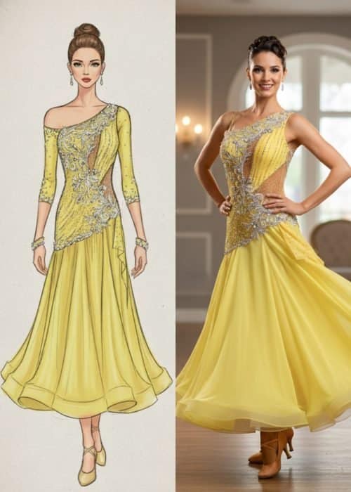 Custom yellow ballroom gown — sketch-to-reality comparison showing crystal applique bodice and flowing skirt