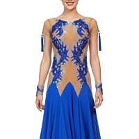 Narnia Latin Dress - front view - Blue and nude Latin ballroom dress with tassel accents