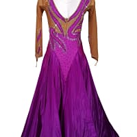 Majestic Violet ballroom dress back view featuring deep V open back, sheer sleeves with crystals, and full flowing purple skirt