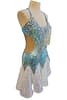 Snezhana Latin dress — right view — large teardrop crystals, nude mesh hip cutout, and halter top with thin straps.