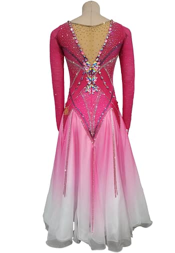 Berry Ombre Ballroom Dress — back view — low V-back with crystal cascading diamond pattern over the bodice.