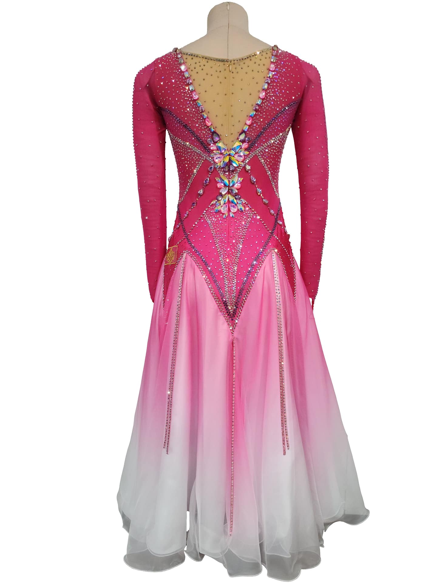 Berry Ombre Ballroom Dress — back view — low V-back with crystal cascading diamond pattern over the bodice.