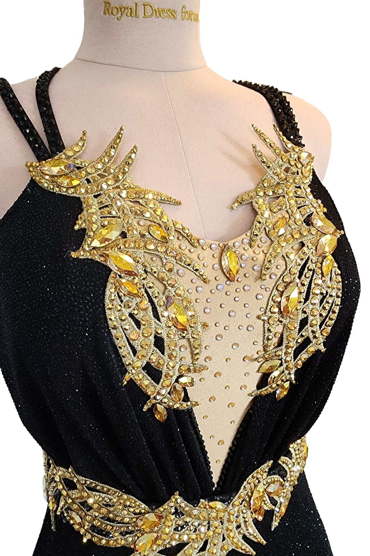 Radiant Obsidian ballroom gown — stonework close‑up — AB crystals