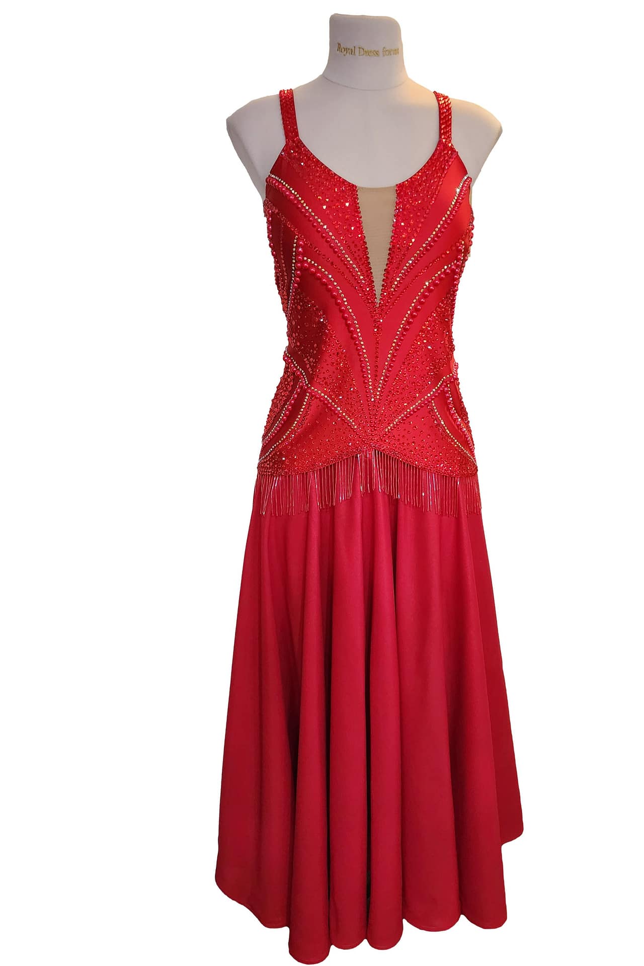 Crimson Flame Ballroom dress - front view - on mannequin - Red velvet bodice with crystal V-pattern and full, simple skirt.