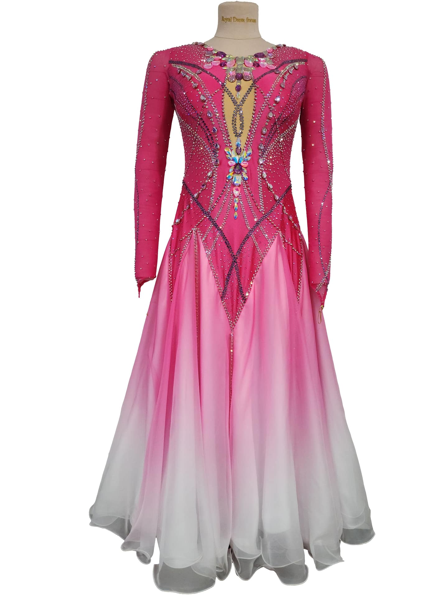 Berry Ombre Ballroom Gown - front view - Professional ballroom gown in hot pink ombre with long sheer sleeves and diamond crystal patterns on the bodice.