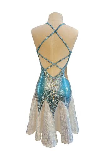 Snezhana Latin dress — back view — criss-cross crystal straps, open back, and V-shaped white sequin skirt panels.