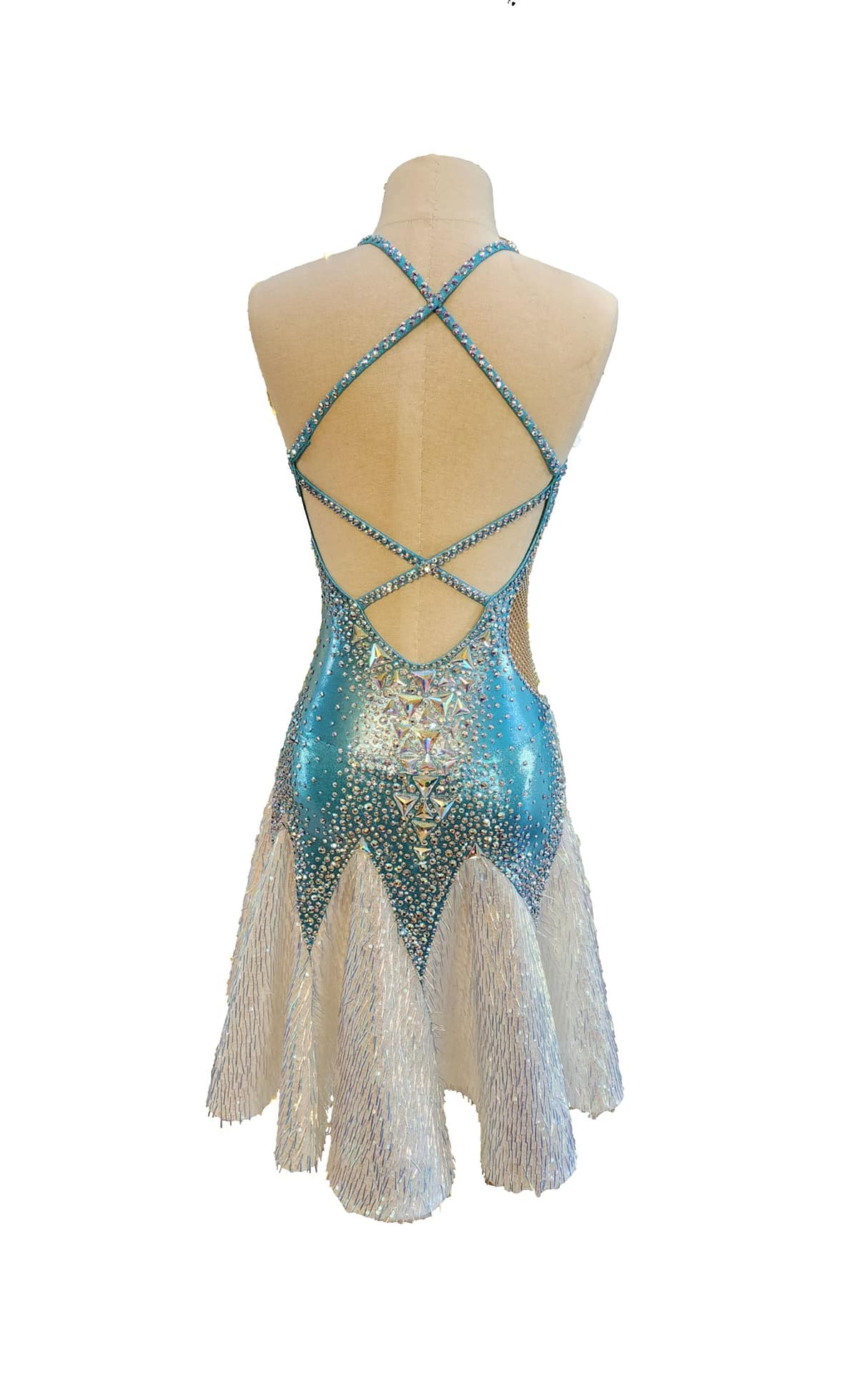 Snezhana Latin dress — back view — criss-cross crystal straps, open back, and V-shaped white sequin skirt panels.