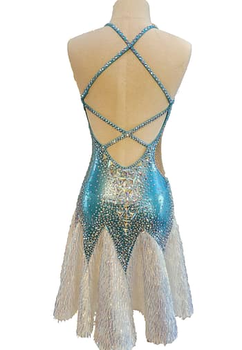 Snezhana Latin dress — back view — criss-cross crystal straps, open back, and V-shaped white sequin skirt panels.
