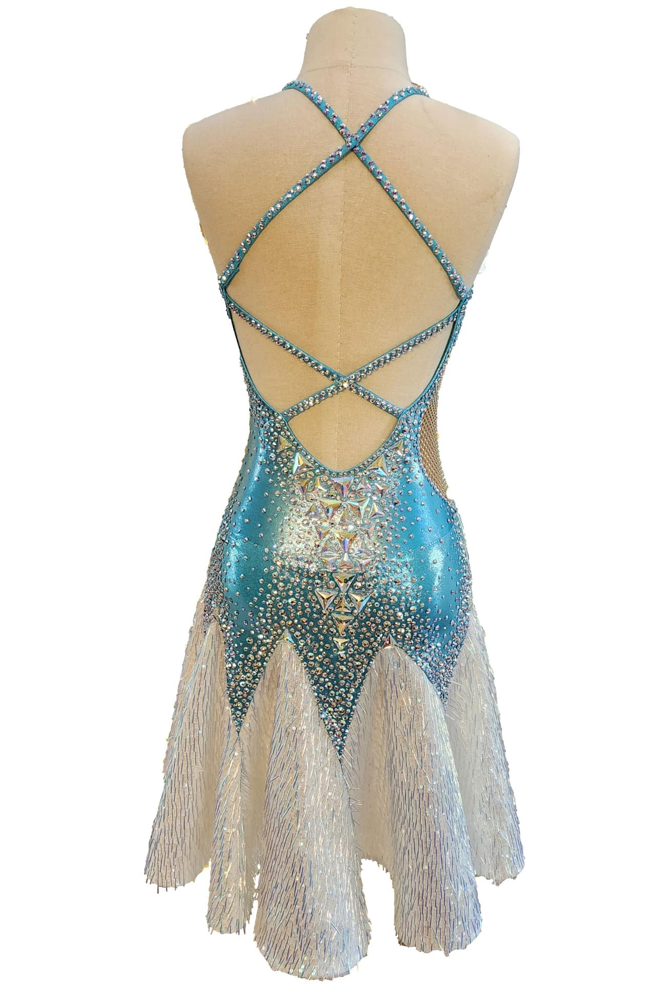 Snezhana Latin dress — back view — criss-cross crystal straps, open back, and V-shaped white sequin skirt panels.