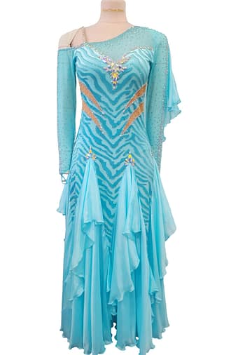 Azure Whispers Latin dress — skirt detail — multi-layered, sheer blue skirt with dramatic diagonal ruffles and handkerchief panels.