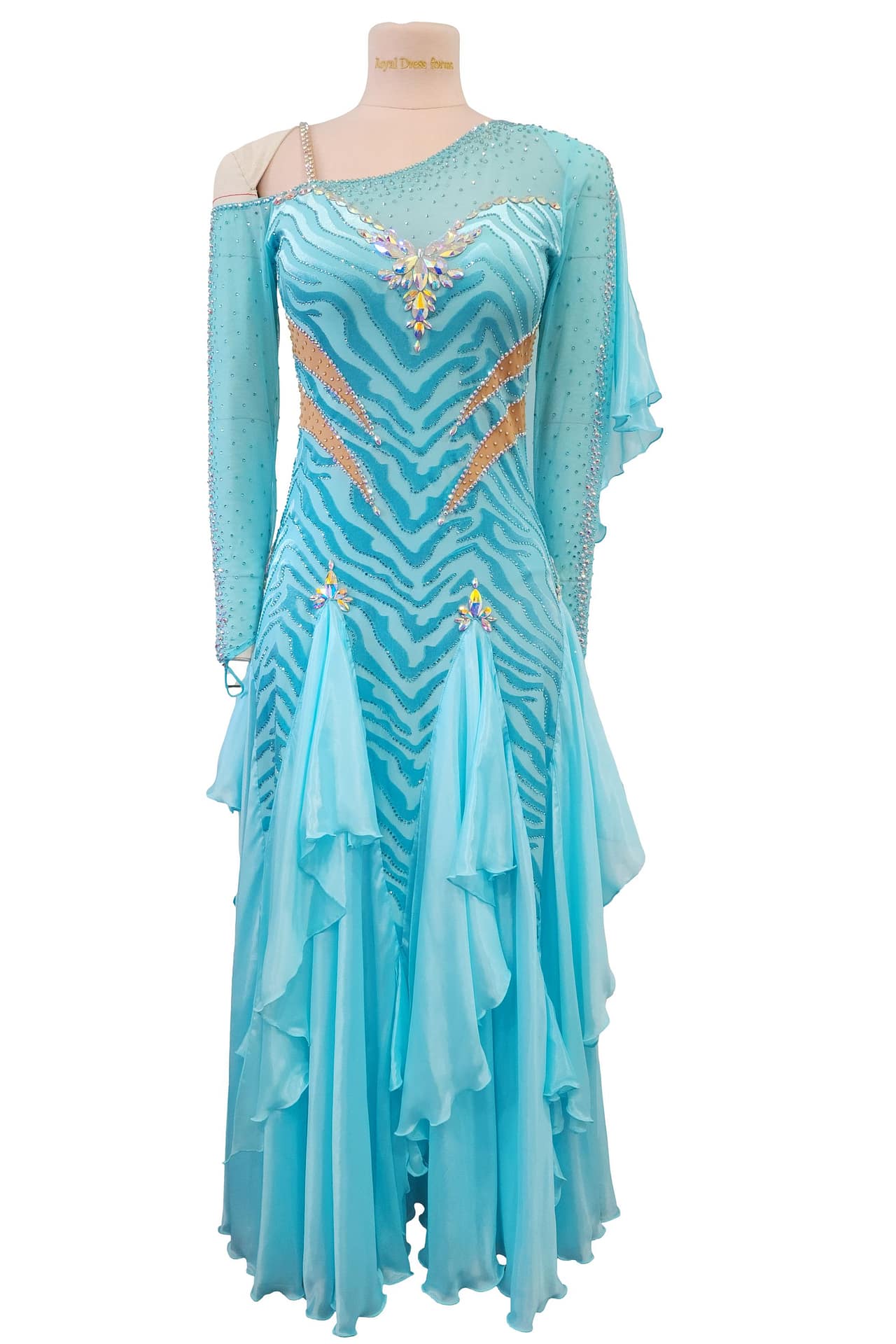 Azure Whispers Latin dress — skirt detail — multi-layered, sheer blue skirt with dramatic diagonal ruffles and handkerchief panels.