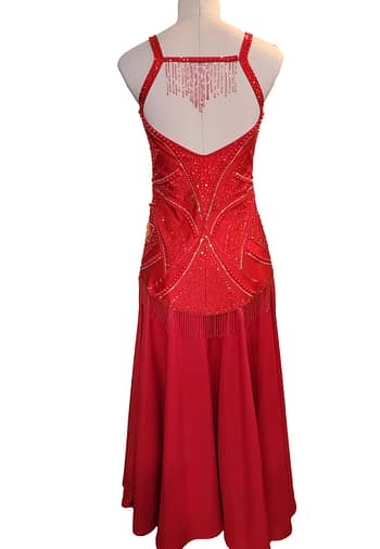 Crimson Flame dress — back view — low scoop back, beaded fringe V-detail, and thick crystal straps