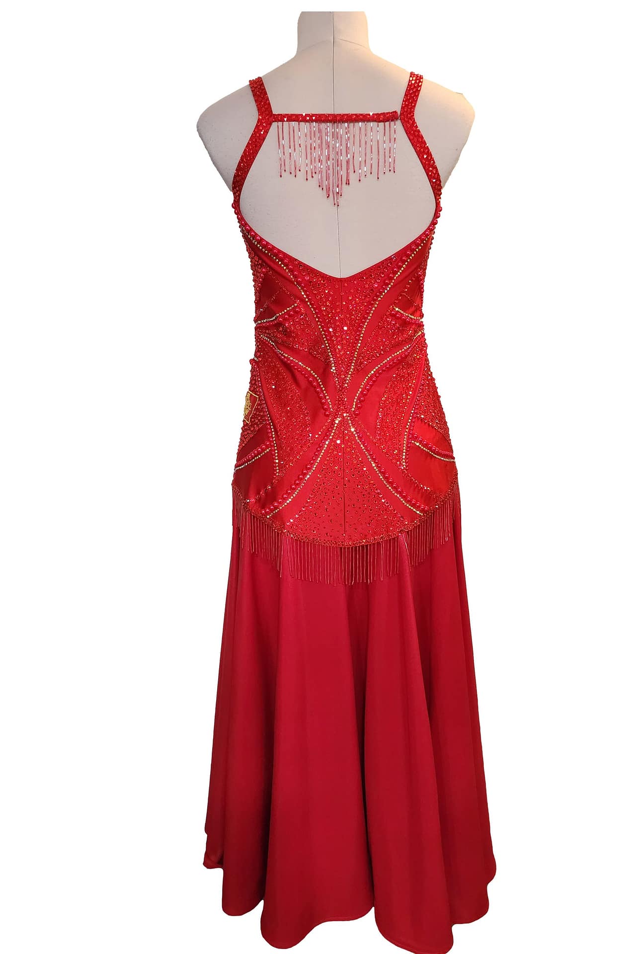 Crimson Flame dress — back view — low scoop back, beaded fringe V-detail, and thick crystal straps