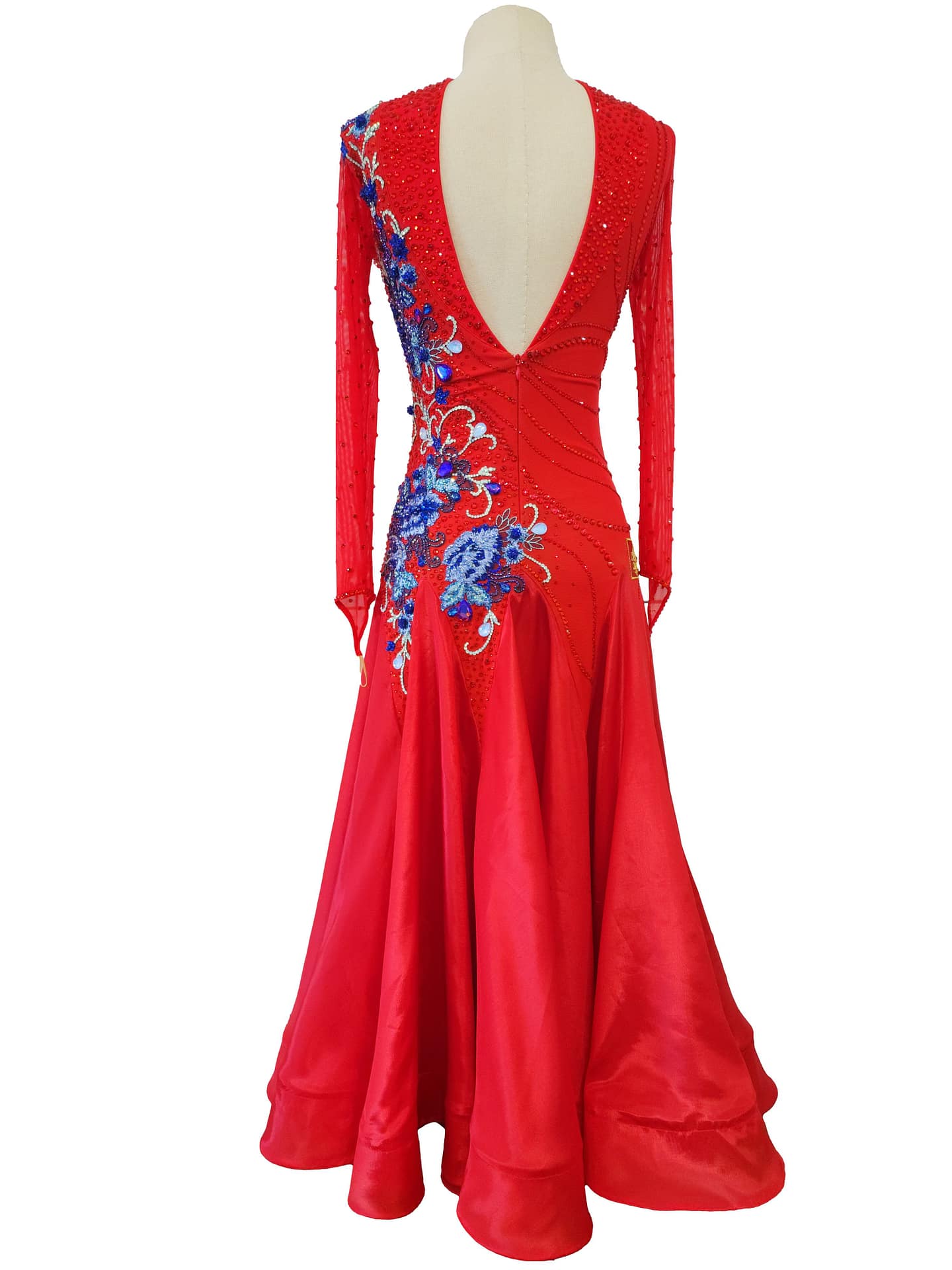 Garnet Bouquet Ballroom Dress - back view - with a deep V-back and blue crystal floral embellishments on vibrant red fabric.