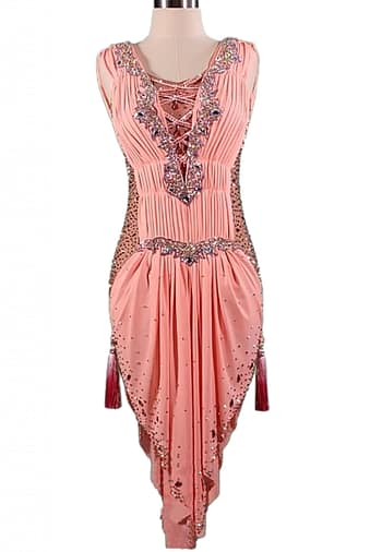 Joni Latin dress — bodice detail — close-up of pleated bust, crystal V-neck trim, and central lace-up detail