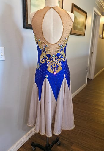 Royal Aurum Dress royal blue and gold Latin dress full front view with ornate crystal embellishments