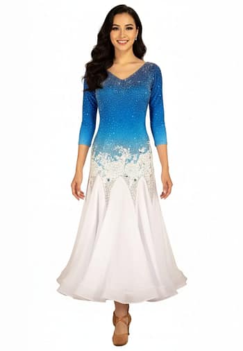 Bluefire ballroom gown — front view — A vibrant royal blue Standard dress, a cutout shoulder, and a bodice heavily embellished with clear and iridescent crystals.