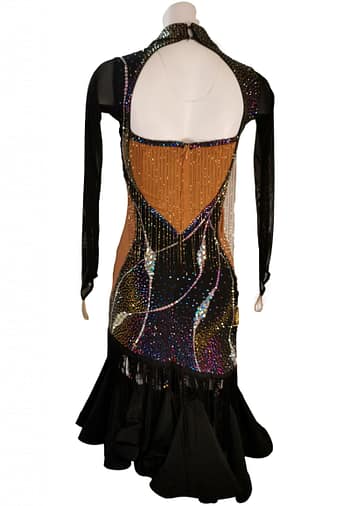 Mia Latin dress — back view — open back design with nude mesh lining, crystal fringe, and long sleeves