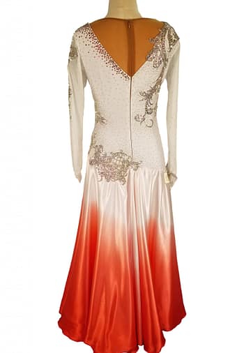 Mercedes ballroom gown — back view — Full-length view of the dress, showing the white-to-red ombré skirt and a deep cutout back highlighted by black crystal-work straps. The black velvet appliqué continues down the back.