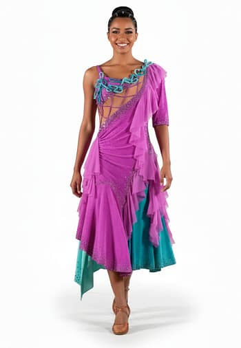 Bonel Latin Dress — front view — model in teal and lavender ruffled Latin dress with silver crystal accents