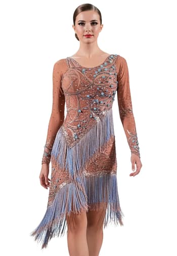 Devi Latin dress — front view — nude mesh with gold appliqué, baby blue pearls, and layered blue fringe