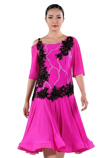 Edra Latin dress — front view — vibrant magenta with asymmetrical skirt and fringe