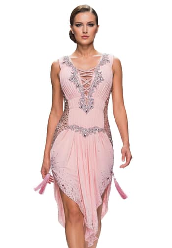 Joni Latin dress — front view — pleated peach fabric with lace-up plunge, crystal accents, and tassels