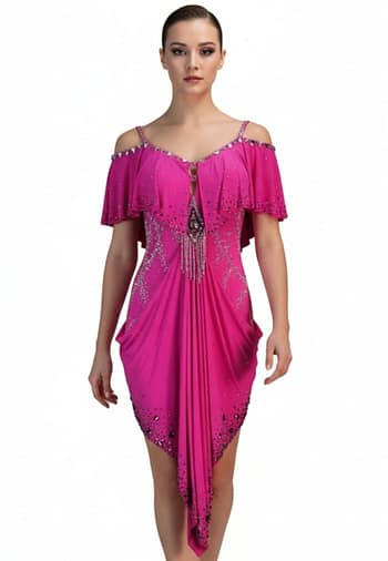 Zera Latin dress — front view — fuchsia with off-shoulder ruffles, draped asymmetrical skirt, and crystal centerpiece