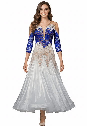 Full front view of Blue Sonata ballroom dress featuring blue lace bodice, pearl fringe detailing, and elegant white flowing skirt.
