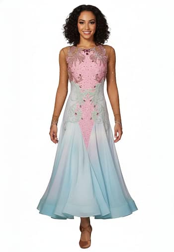 Cari ballroom gown — front view — Standard/Smooth gown in ombre from delicate white to rich light blue, featuring a sheer mesh bodice with diagonal rows of silver and AB crystal stoning.