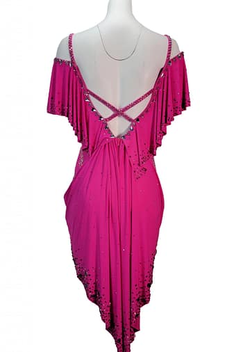 Zera Latin dress — back view — open back with crisscross crystal straps and center drape detailing