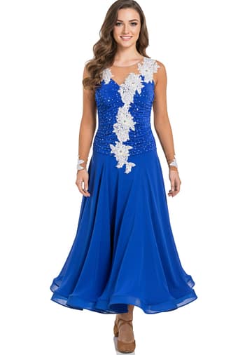 Bess Ballroom Dress – front view – royal blue gown with ruched bodice, white floral appliqués, sheer neckline, and flowing full skirt.
