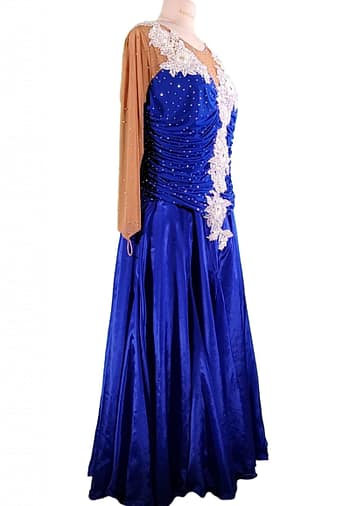 Bess Ballroom Dress - right-side angle – ruched top, nude mesh sleeves, and white lace appliqué details.