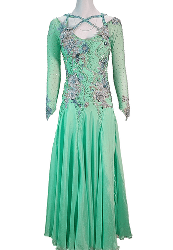 Rain ballroom dress — front view — long-sleeve, mint green Standard dress featuring a stunning crystal criss-cross neckline and floral appliqué on the bodice.