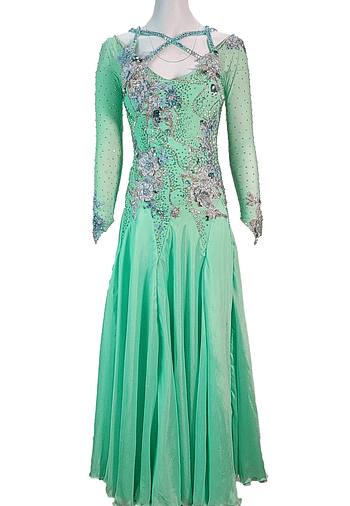 Rain ballroom dress — front view — long-sleeve, mint green Standard dress featuring a stunning crystal criss-cross neckline and floral appliqué on the bodice.