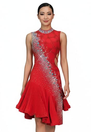 Nala Latin Dress — front view — model in a vibrant red Latin dress with a high collar and diagonal 'Milky Way' crystal design