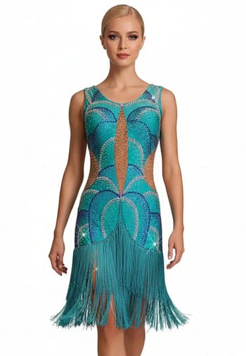 Undina Latin Dress — front view — model in teal Latin fringe dress with elaborate blue and AB crystal pattern