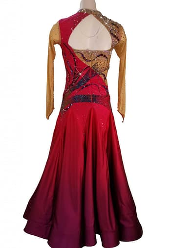 Gemma ballroom gown — back view — open-back red dress with gradient skirt and crystal detailing